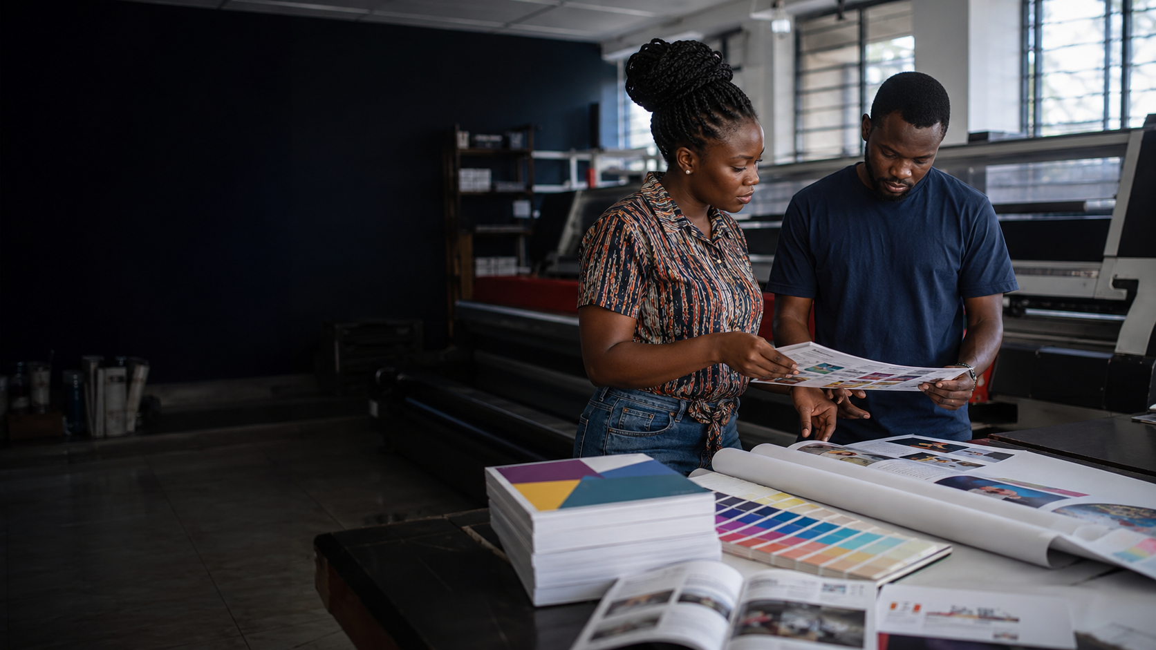 Print professionals reviewing colour proofs in a production studio